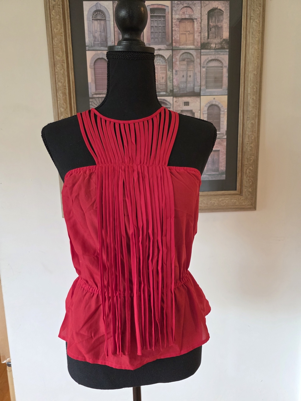 BEBE Red Pleated Fringe Halter Top